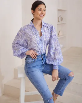 Womens Blue Floral Henne Blouse - Stylish and Elegant