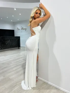 Honey Couture CRISTELLA Off White Crystal Feature Mermaid Formal Gown