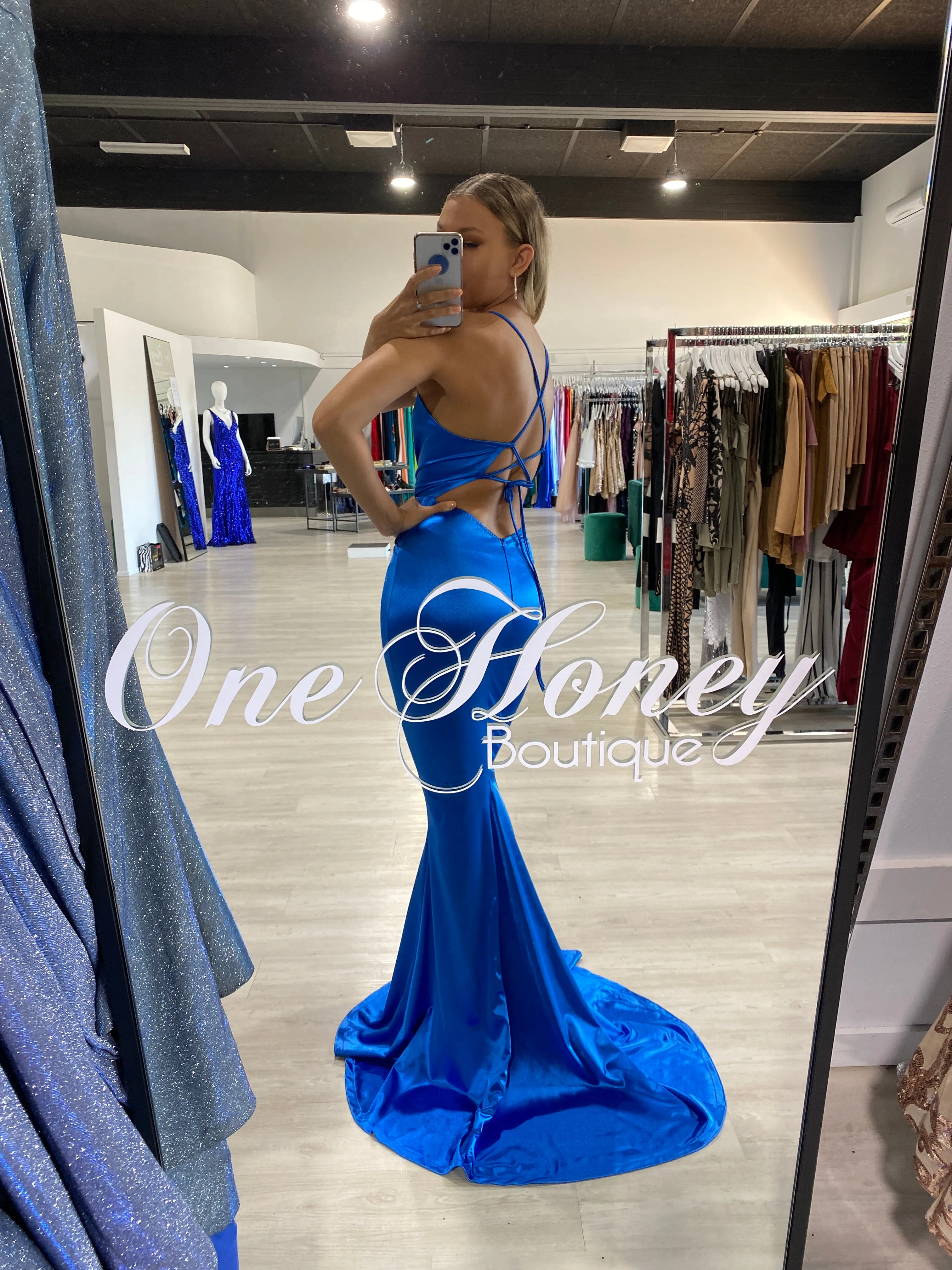 Honey Couture JUSTICE Blue Open Back Mermaid Evening Gown Dress