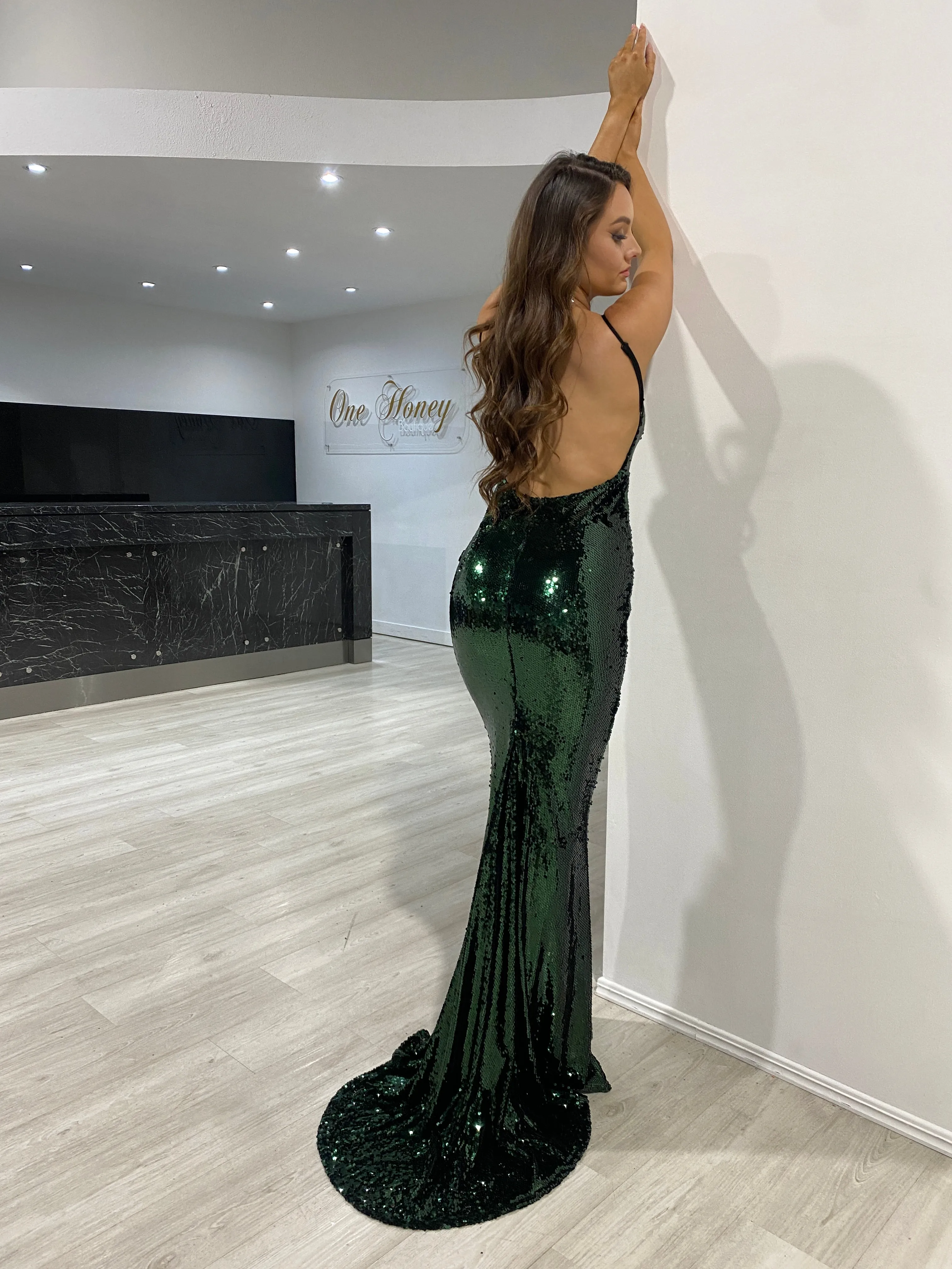 Honey Couture KASIA Emerald Sequin Open Back Mermaid Evening Gown Dress