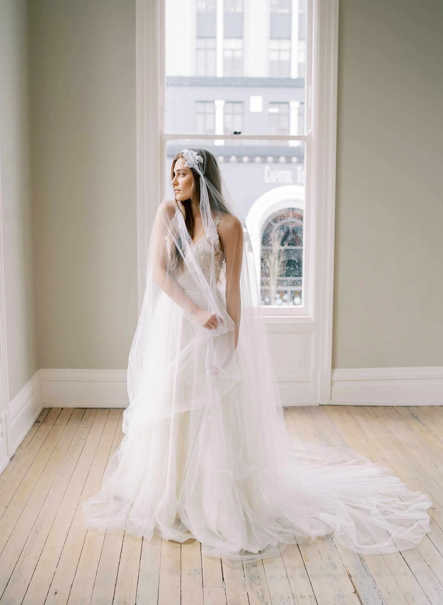 Iris blooms French lace Juliet veil with pearls - Style #2463