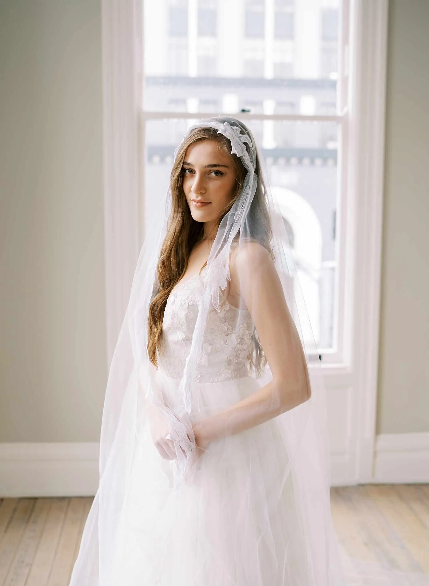 Iris blooms French lace Juliet veil with pearls - Style #2463