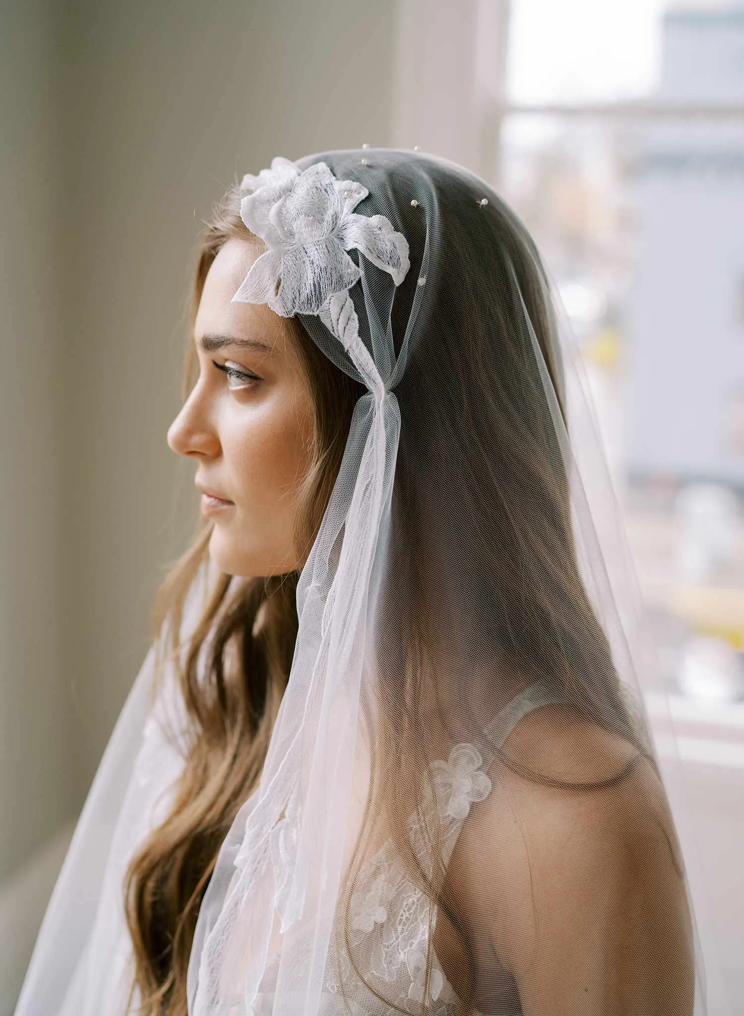 Iris blooms French lace Juliet veil with pearls - Style #2463