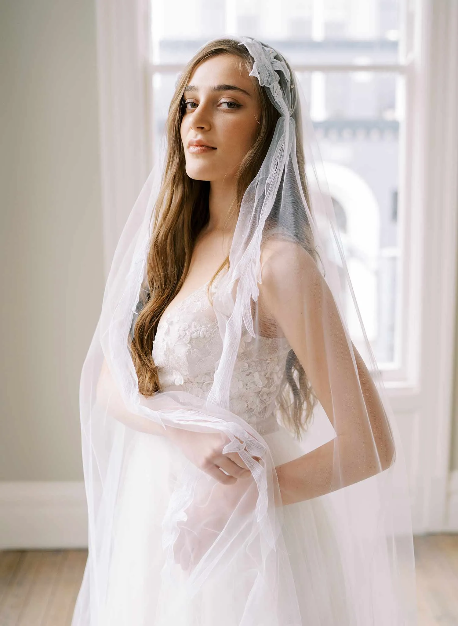 Iris blooms French lace Juliet veil with pearls - Style #2463