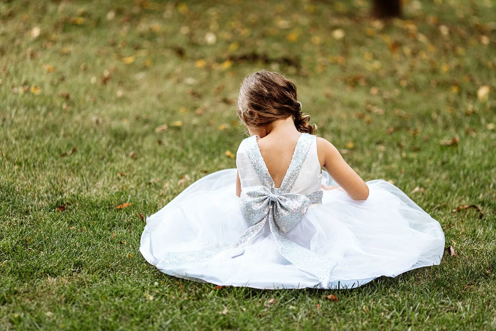Ivory/Silver Sequins V Back & Bow Plus Size Girls Dress