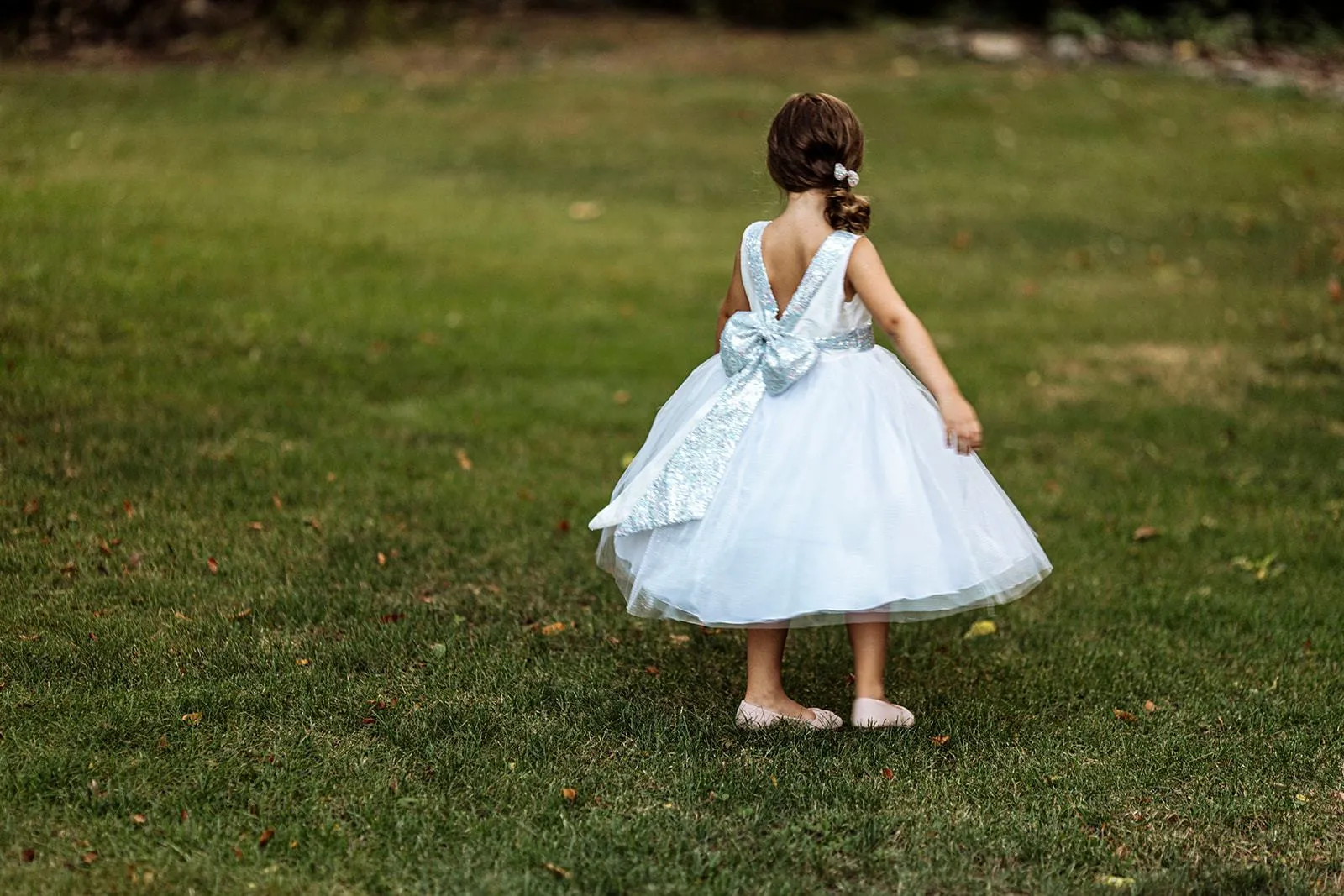 Ivory/Silver Sequins V Back & Bow Plus Size Girls Dress