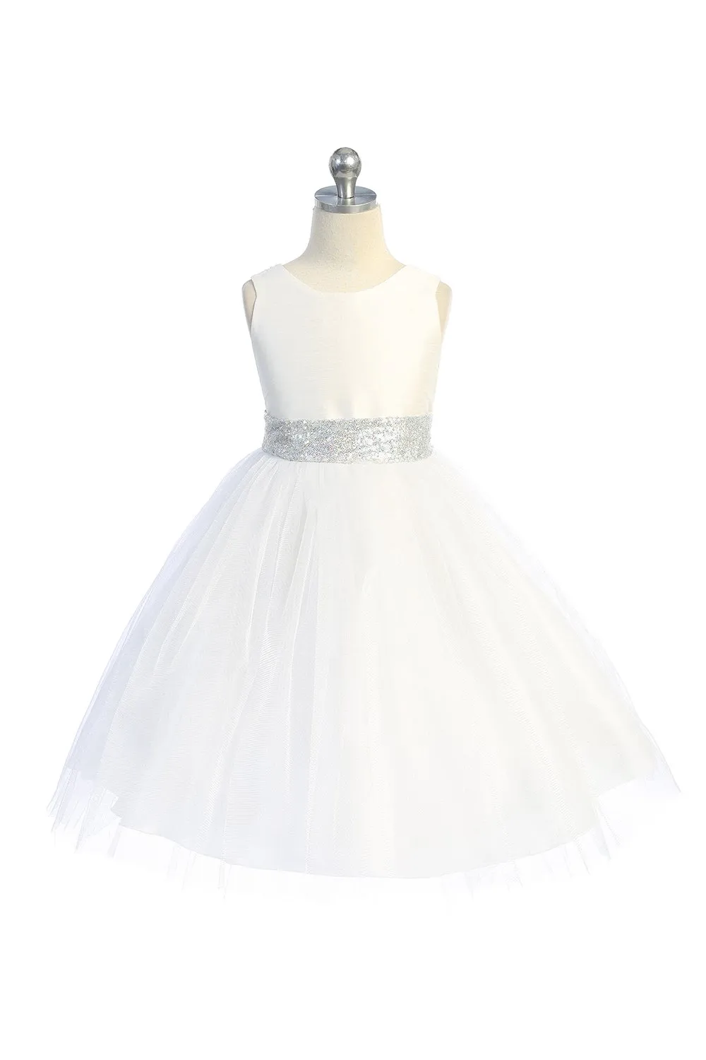 Ivory/Silver Sequins V Back & Bow Plus Size Girls Dress