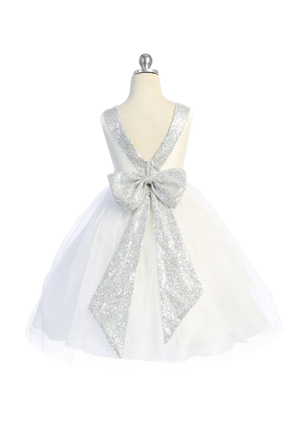 Ivory/Silver Sequins V Back & Bow Plus Size Girls Dress