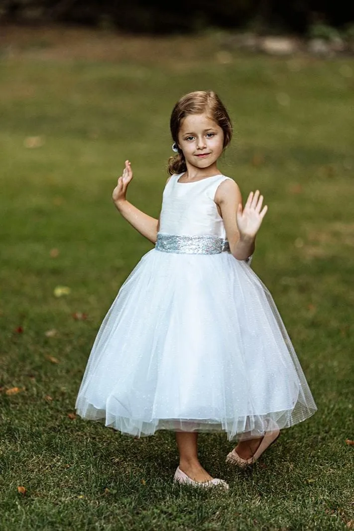 Ivory/Silver Sequins V Back & Bow Plus Size Girls Dress