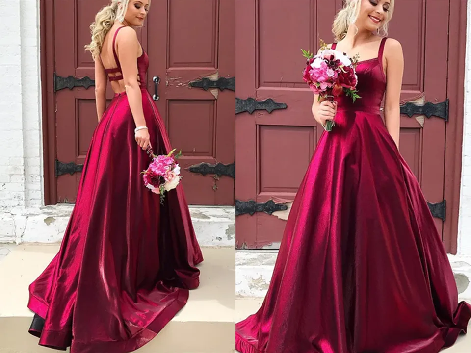 Kateprom A line Long Taffeta Spaghetti Straps Prom Dresses With Pockets KPP1445