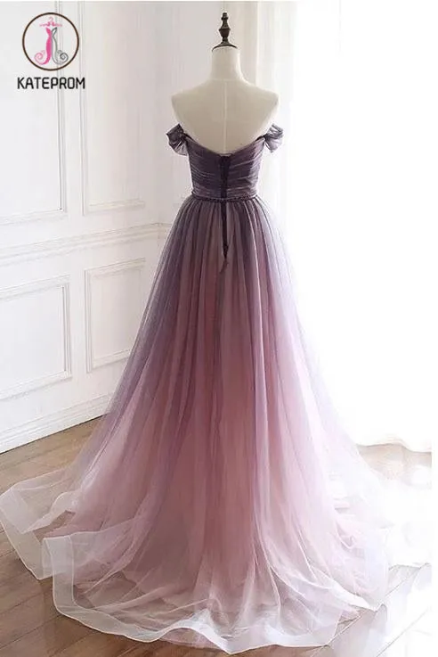 Kateprom A Line Off the Shoulder Ombre Prom Dresses with Belt, Purple Gradient Long Tulle Formal Dress KPP1123