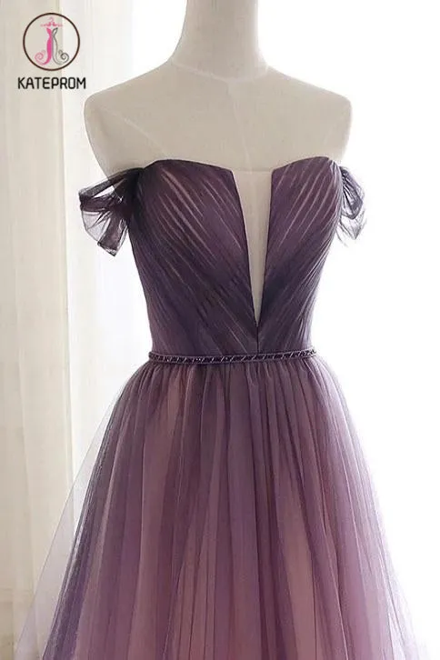 Kateprom A Line Off the Shoulder Ombre Prom Dresses with Belt, Purple Gradient Long Tulle Formal Dress KPP1123