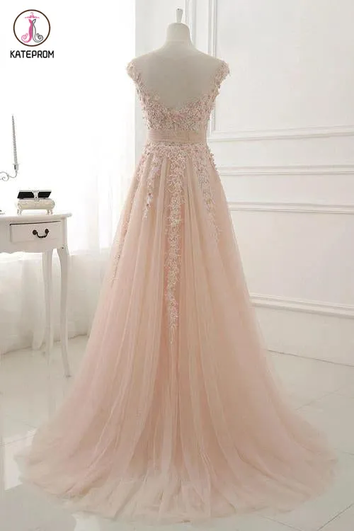 Kateprom A Line Sheer Neck Cap Sleeves Tulle Prom Dresses, Lace Appliqued Long Formal Dresses KPP1286