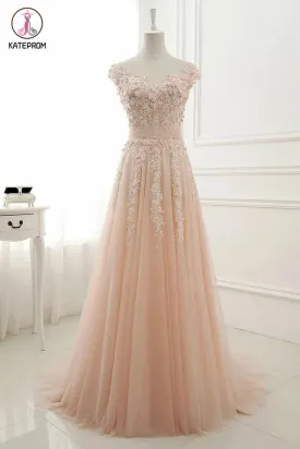 Kateprom A Line Sheer Neck Cap Sleeves Tulle Prom Dresses, Lace Appliqued Long Formal Dresses KPP1286