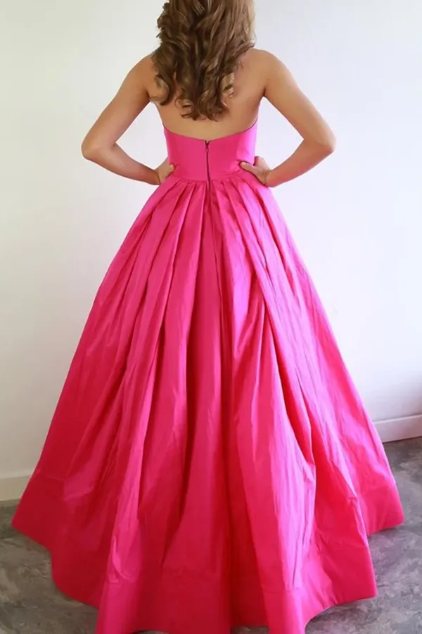 Kateprom A Line Strapless Hot Pink Satin Long Prom Dresses With Bowknot, Formal Evening Dresses KPP1403