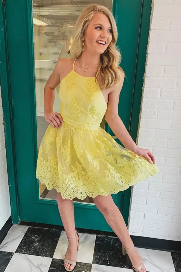 Kateprom Backless Short Lace Appliques Prom Dresses,A Line Yellow Graduation Homecoming Dresses KPP1427