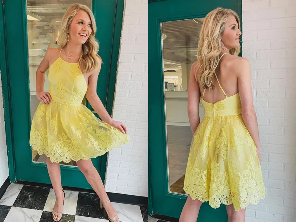 Kateprom Backless Short Lace Appliques Prom Dresses,A Line Yellow Graduation Homecoming Dresses KPP1427