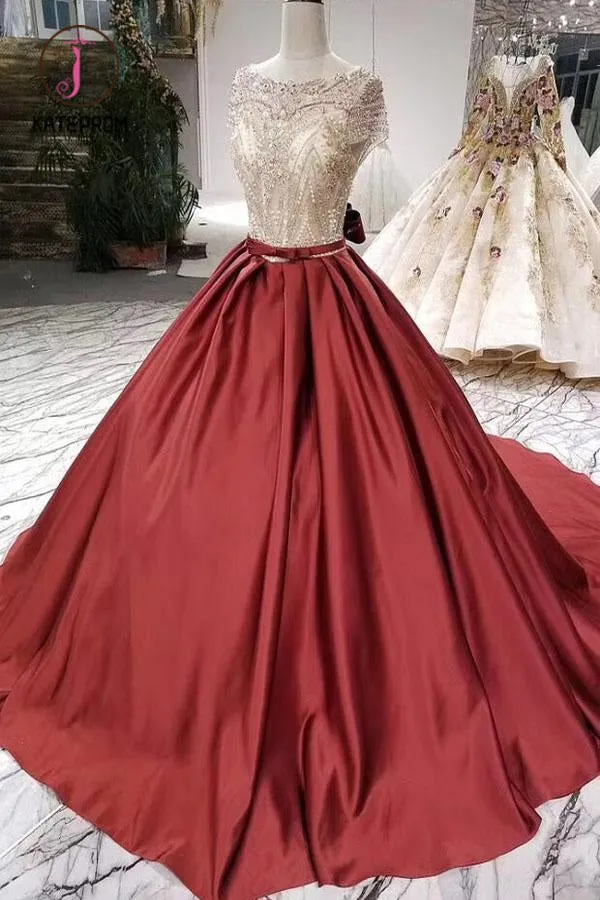 Kateprom Ball Gown Satin Prom Dress with Beading, Long Formal Dresses with Short Sleeves KPP0951