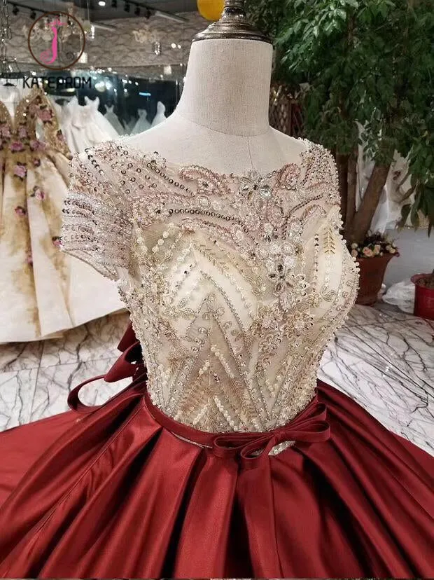 Kateprom Ball Gown Satin Prom Dress with Beading, Long Formal Dresses with Short Sleeves KPP0951