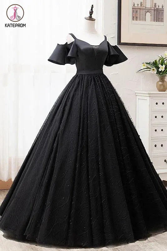 Kateprom Black Ball Gown Short Sleeves Long Prom Dresses, Floor Length Straps Formal Dresses KPP1279