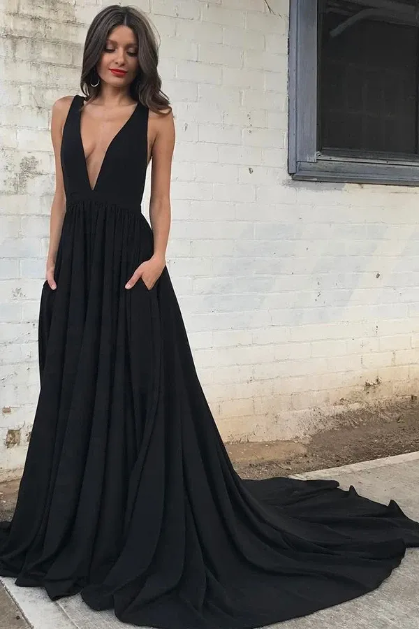 Kateprom Black Deep V neck Long A line Open Back Simple Style Cheap Prom Dresses KPP1433