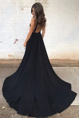 Kateprom Black Deep V neck Long A line Open Back Simple Style Cheap Prom Dresses KPP1433