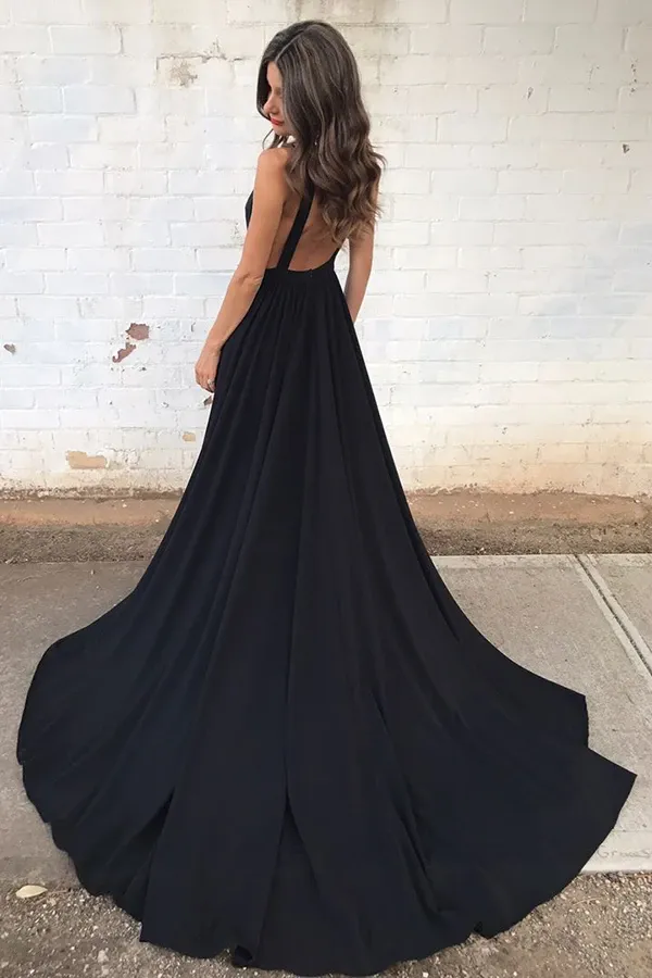Kateprom Black Deep V neck Long A line Open Back Simple Style Cheap Prom Dresses KPP1433