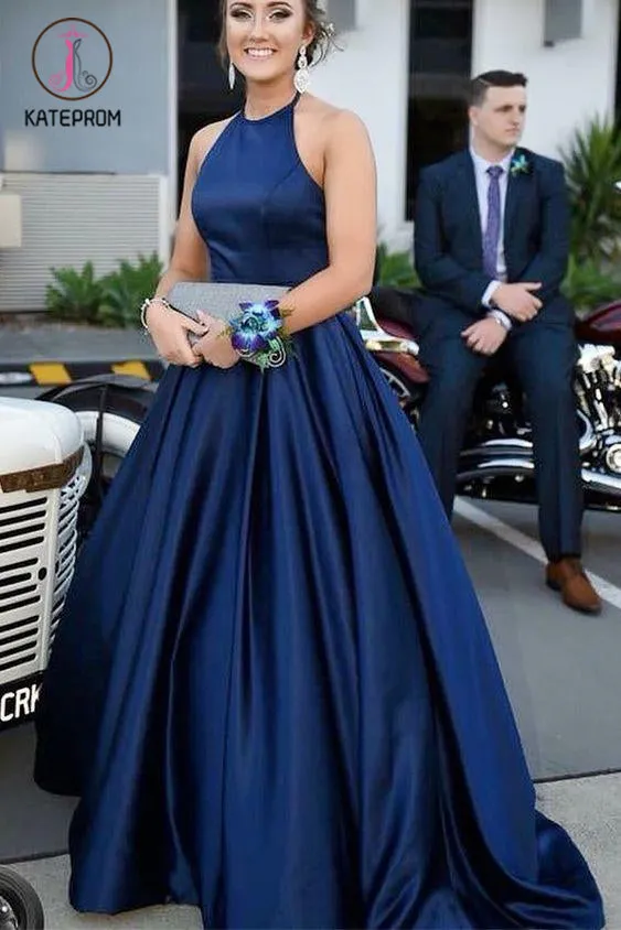 Kateprom Blue Halter Satin Sleeveless Prom Dress, A Line Simple Long Formal Dresses KPP1144