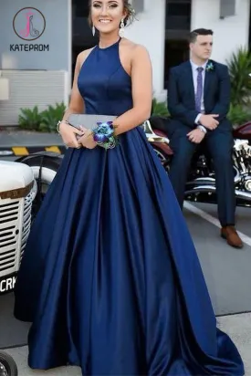 Kateprom Blue Halter Satin Sleeveless Prom Dress, A Line Simple Long Formal Dresses KPP1144