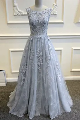Kateprom Chic A Line Prom Dress Silver Scoop Lace Prom Dresses Evening Dress KPP1516