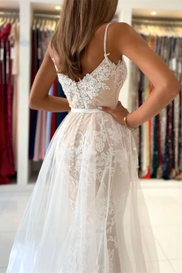 Kateprom Elegant V Neck Mermaid Open Back Champagne Lace long Prom Dresses, Champagne Lace Formal Graduation Evening Dresses KPP1509