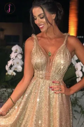 Kateprom Gold V Neck Sequins Formal Dresses, A Line Sleeveless Sparkly Sweep Train Prom Dresses KPP1206