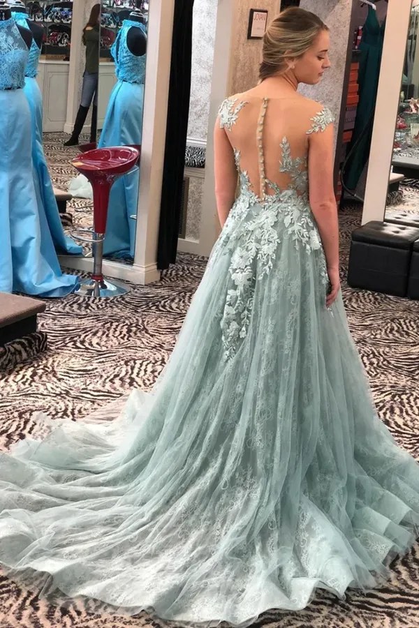 Kateprom Illusion Neckine A Line Cap Sleeves Prom Dresses Lace Appliques Formal Evening Gowns KPP1511