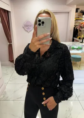 Kayla Black Lace & 3d Flowered Pattern Blouse