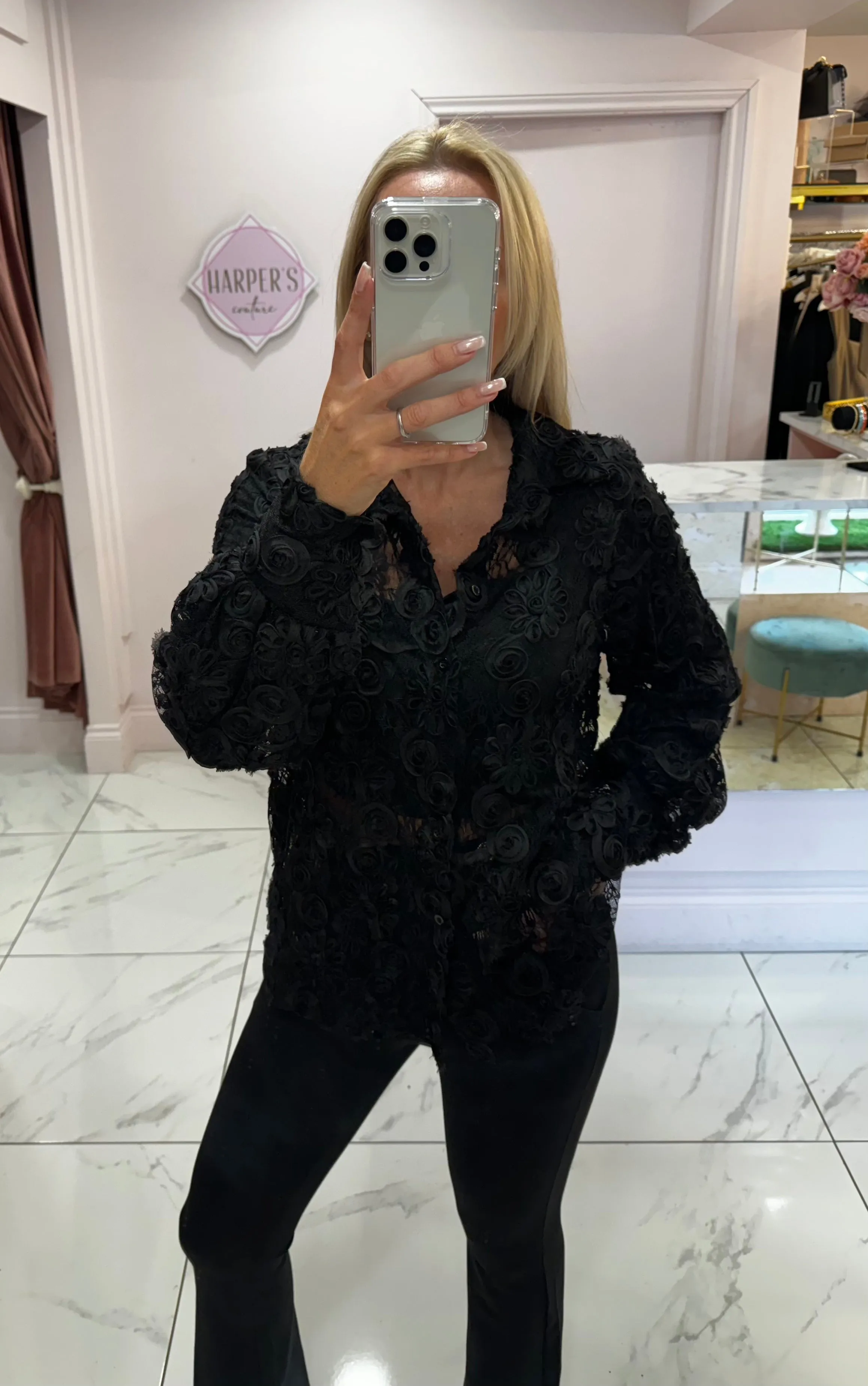 Kayla Black Lace & 3d Flowered Pattern Blouse
