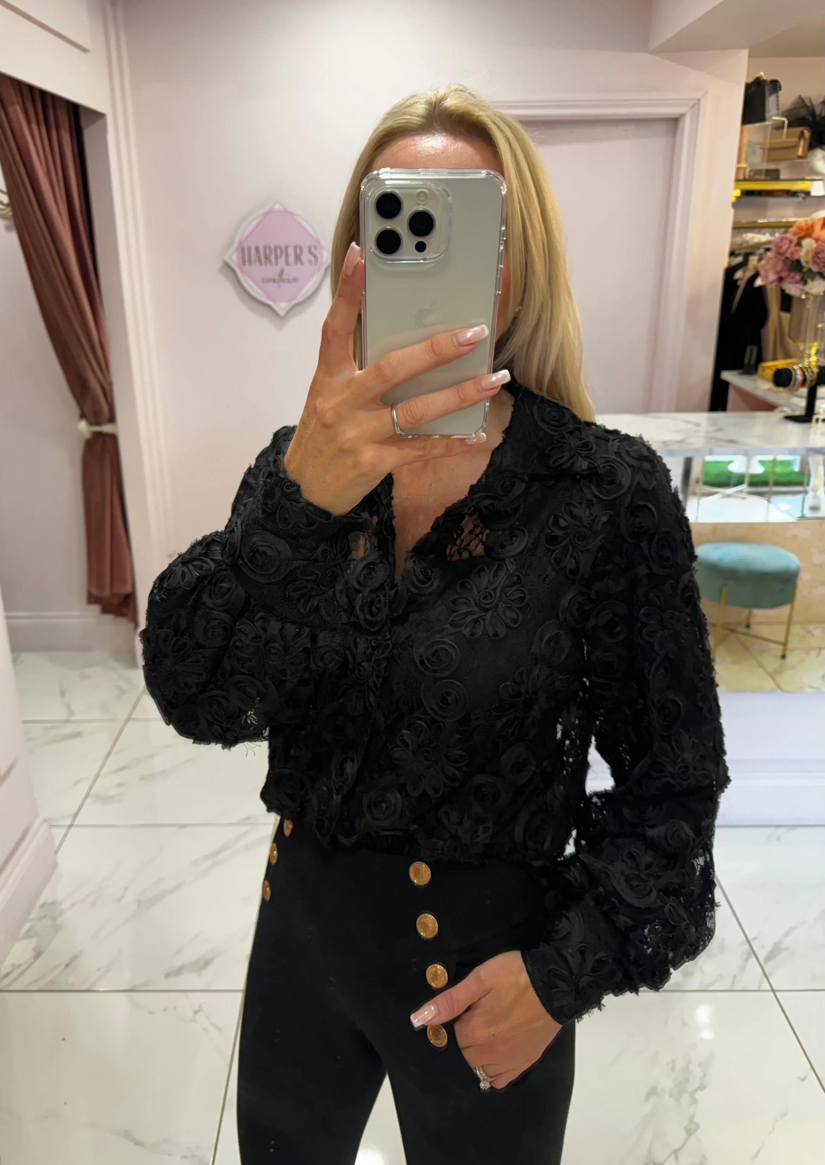 Kayla Black Lace & 3d Flowered Pattern Blouse
