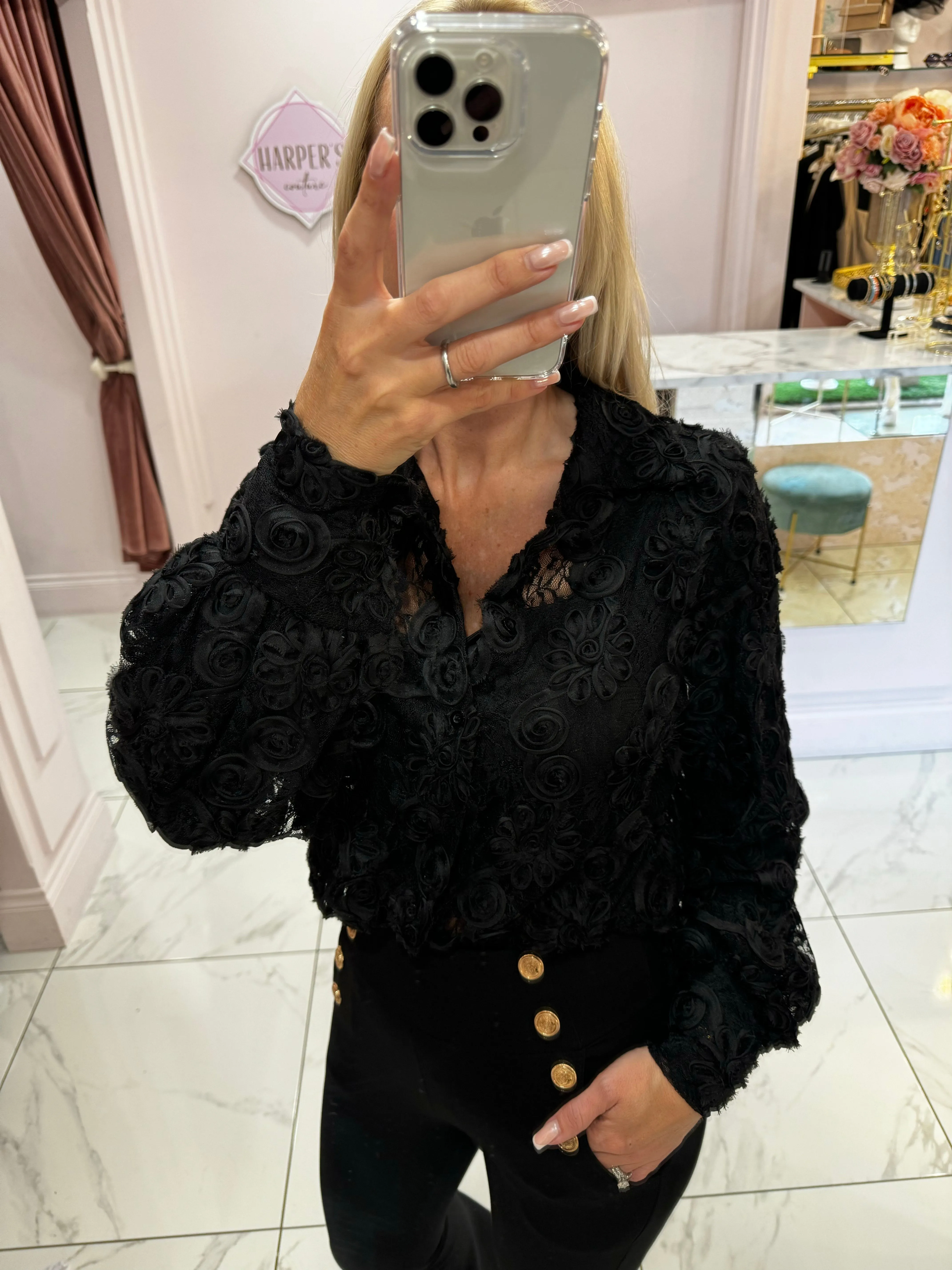 Kayla Black Lace & 3d Flowered Pattern Blouse