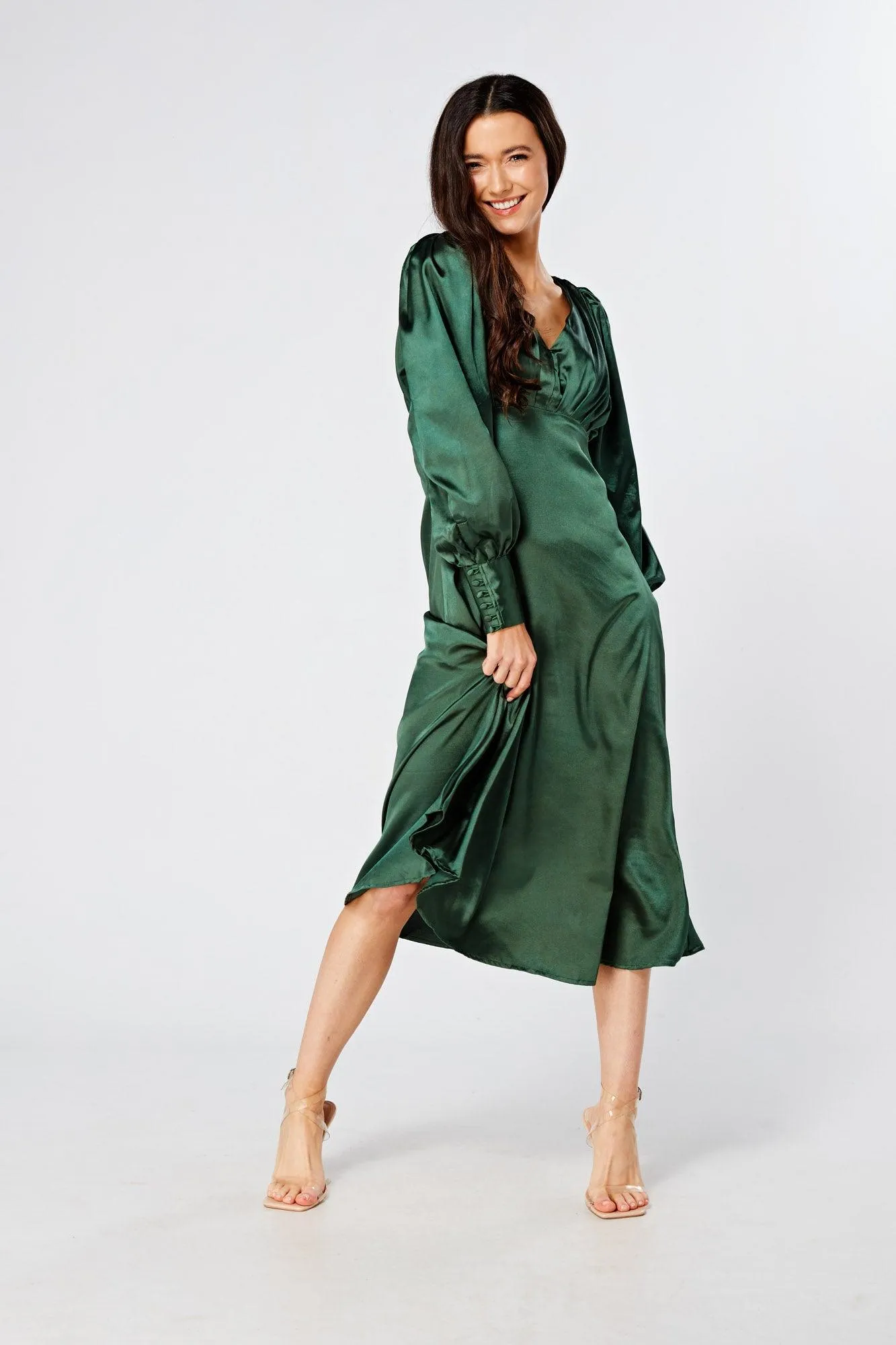 Kiara Jade Green Premium Satin Midi Dress With Long Sleeves