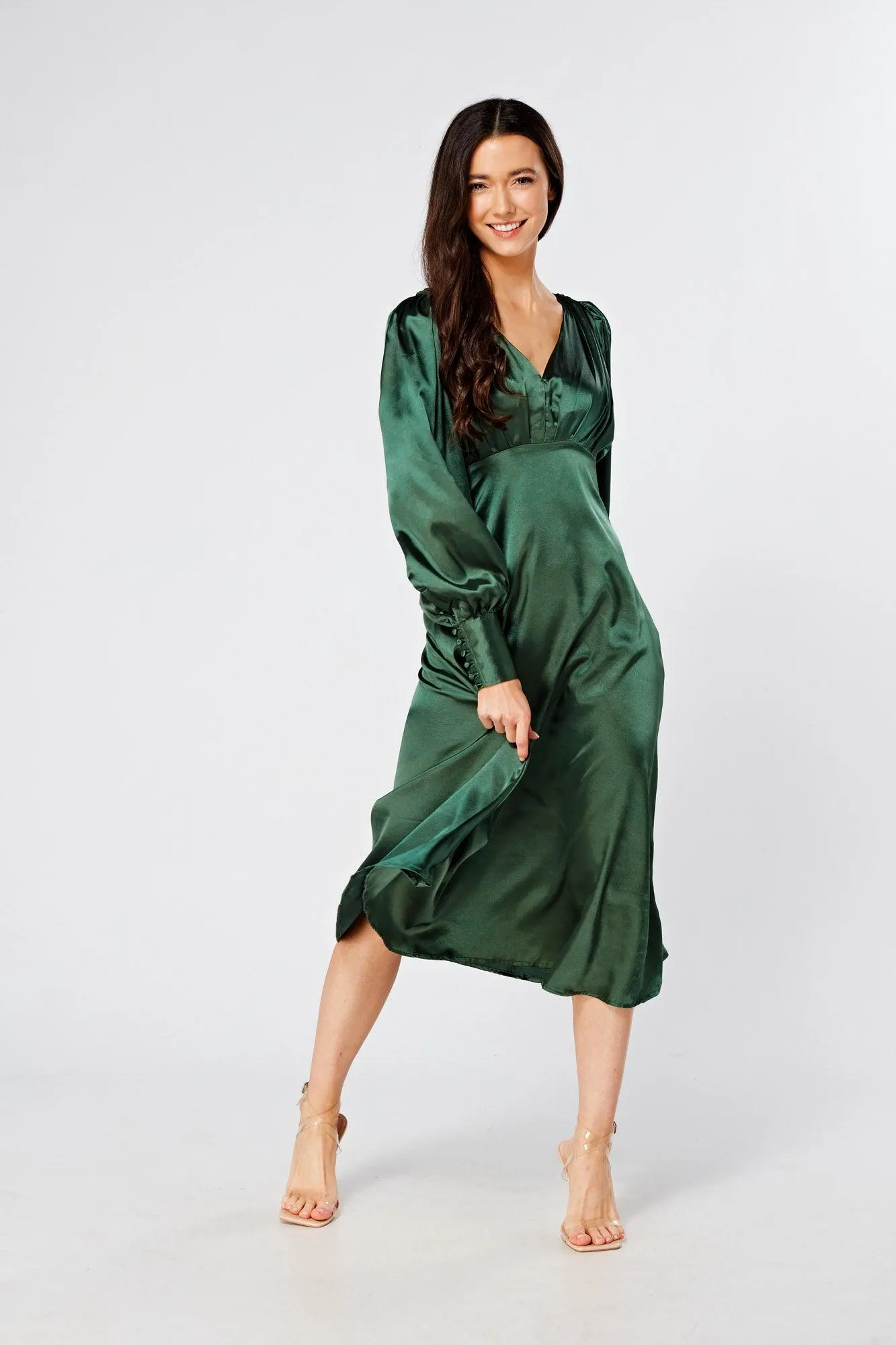 Kiara Jade Green Premium Satin Midi Dress With Long Sleeves