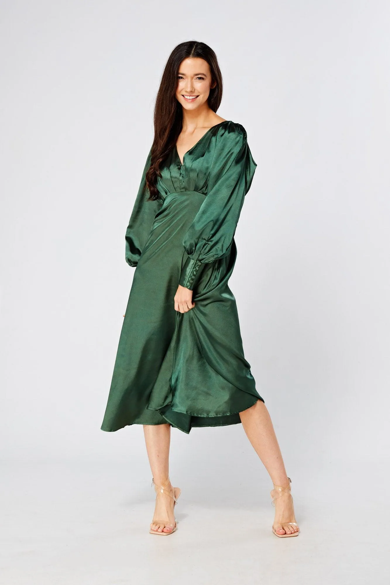 Kiara Jade Green Premium Satin Midi Dress With Long Sleeves