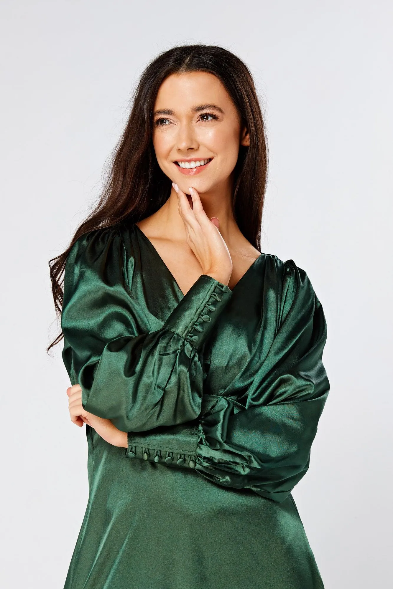 Kiara Jade Green Premium Satin Midi Dress With Long Sleeves