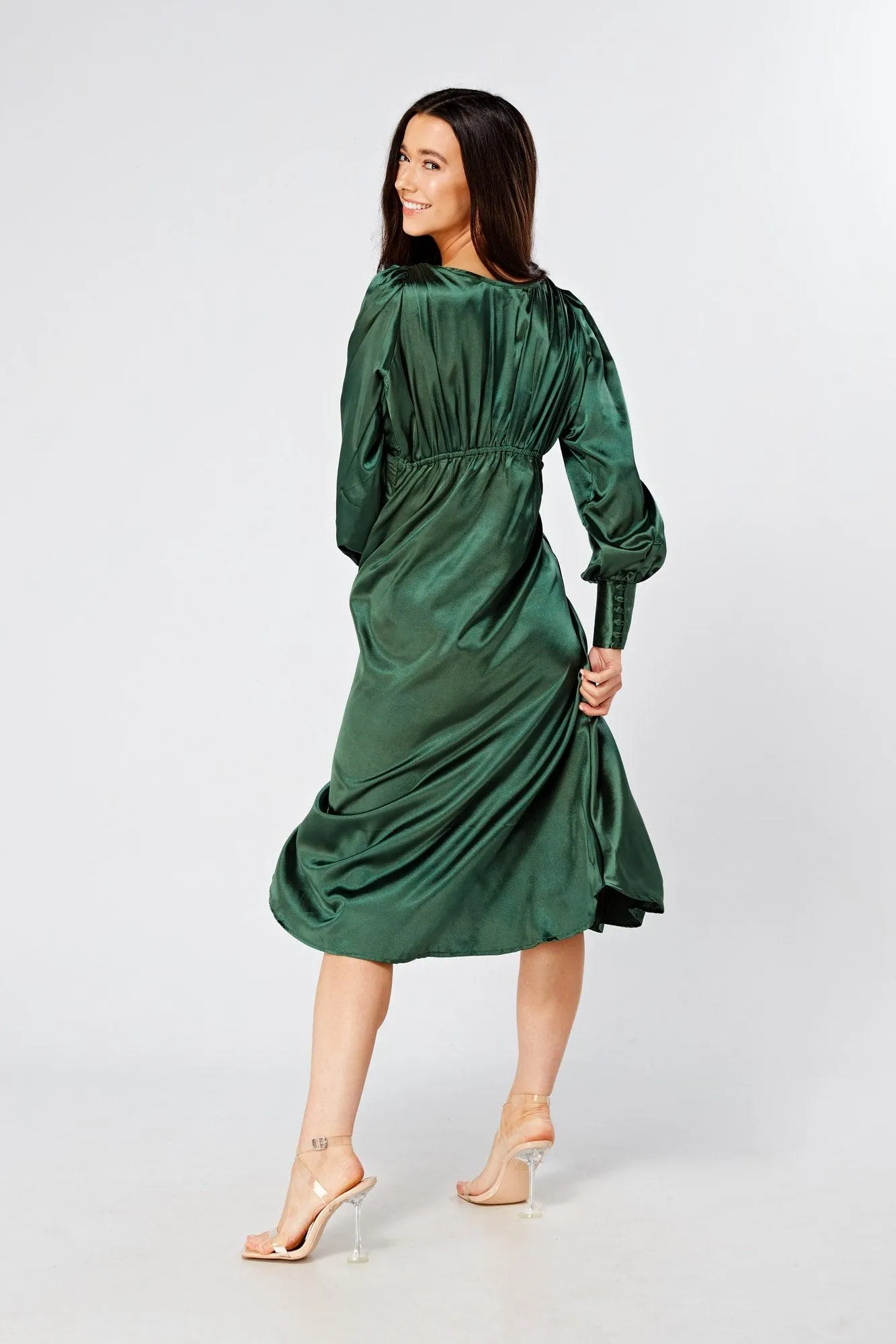 Kiara Jade Green Premium Satin Midi Dress With Long Sleeves