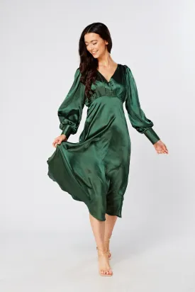 Kiara Jade Green Premium Satin Midi Dress With Long Sleeves