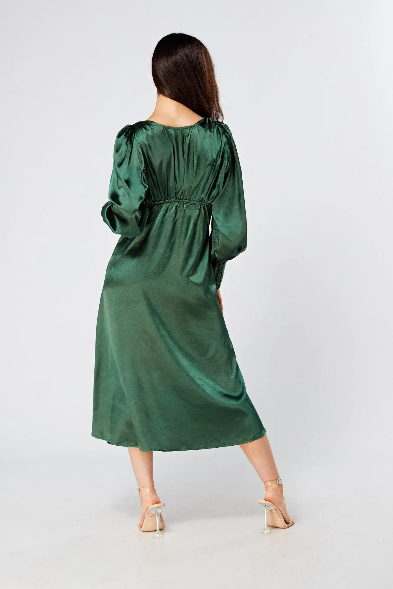 Kiara Jade Green Premium Satin Midi Dress With Long Sleeves