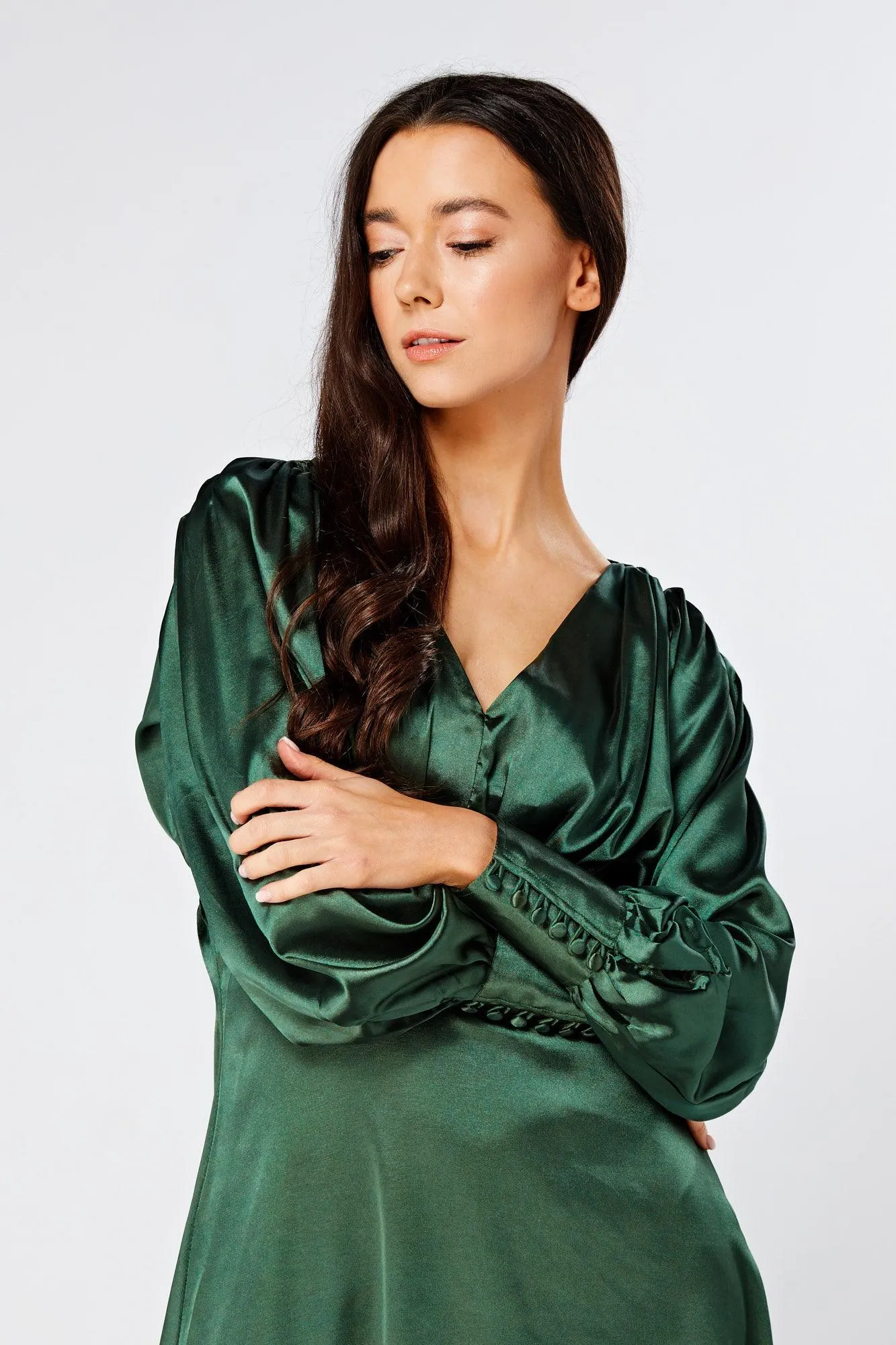 Kiara Jade Green Premium Satin Midi Dress With Long Sleeves
