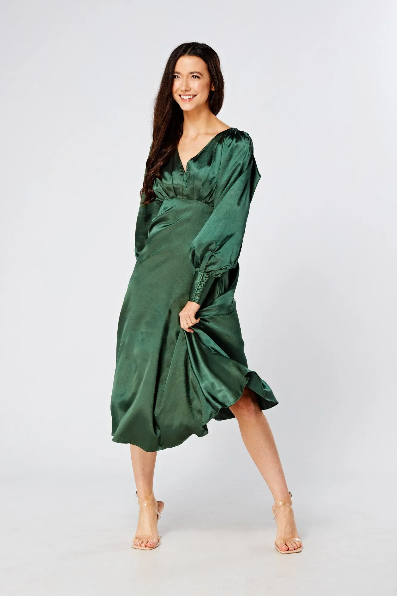 Kiara Jade Green Premium Satin Midi Dress With Long Sleeves