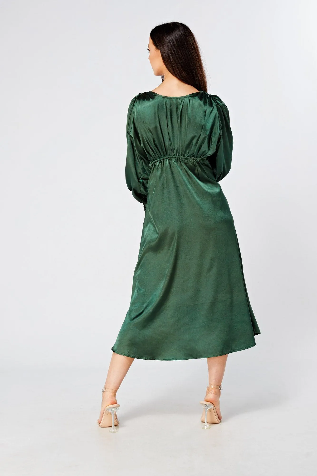 Kiara Jade Green Premium Satin Midi Dress With Long Sleeves