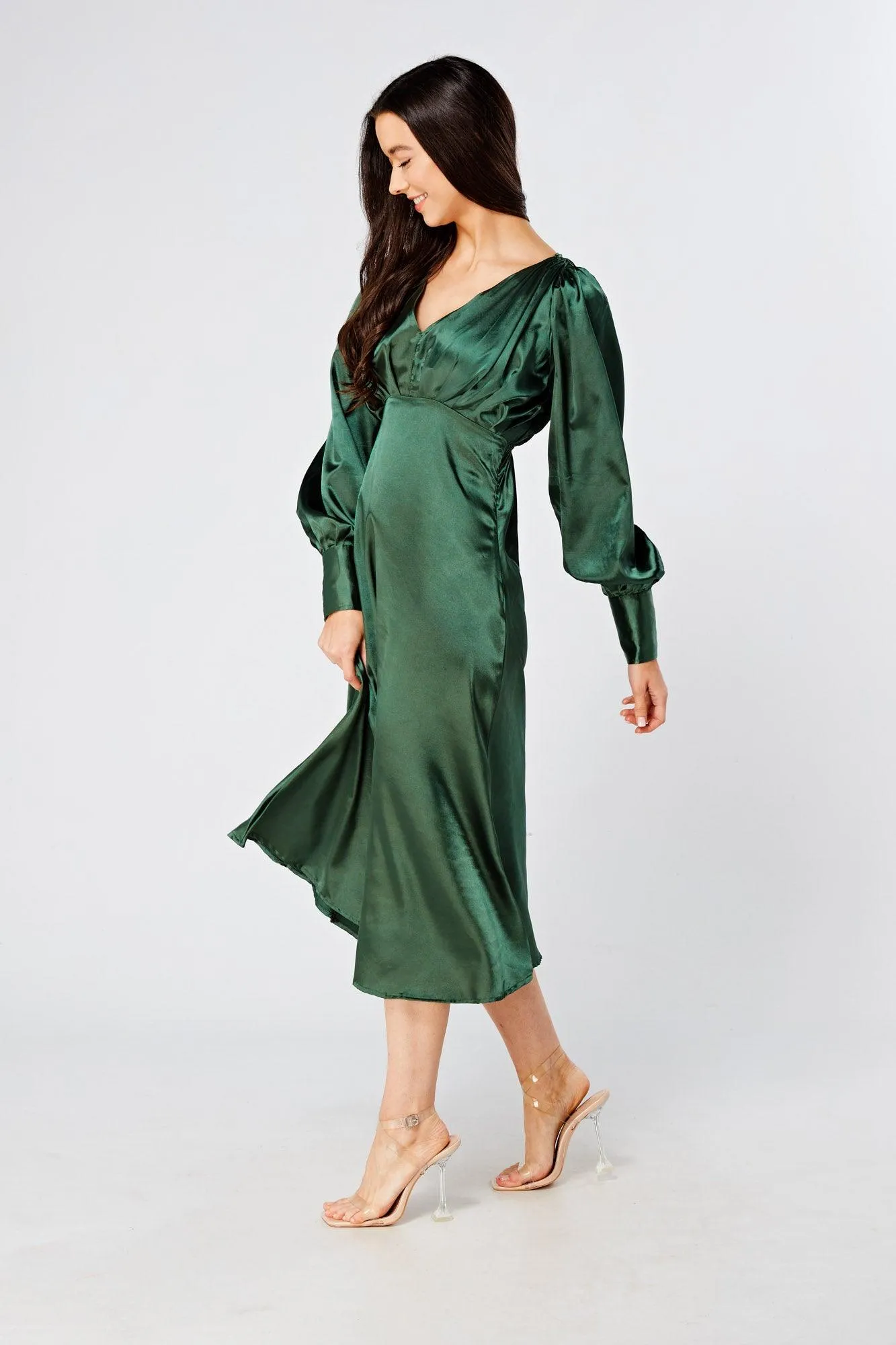 Kiara Jade Green Premium Satin Midi Dress With Long Sleeves