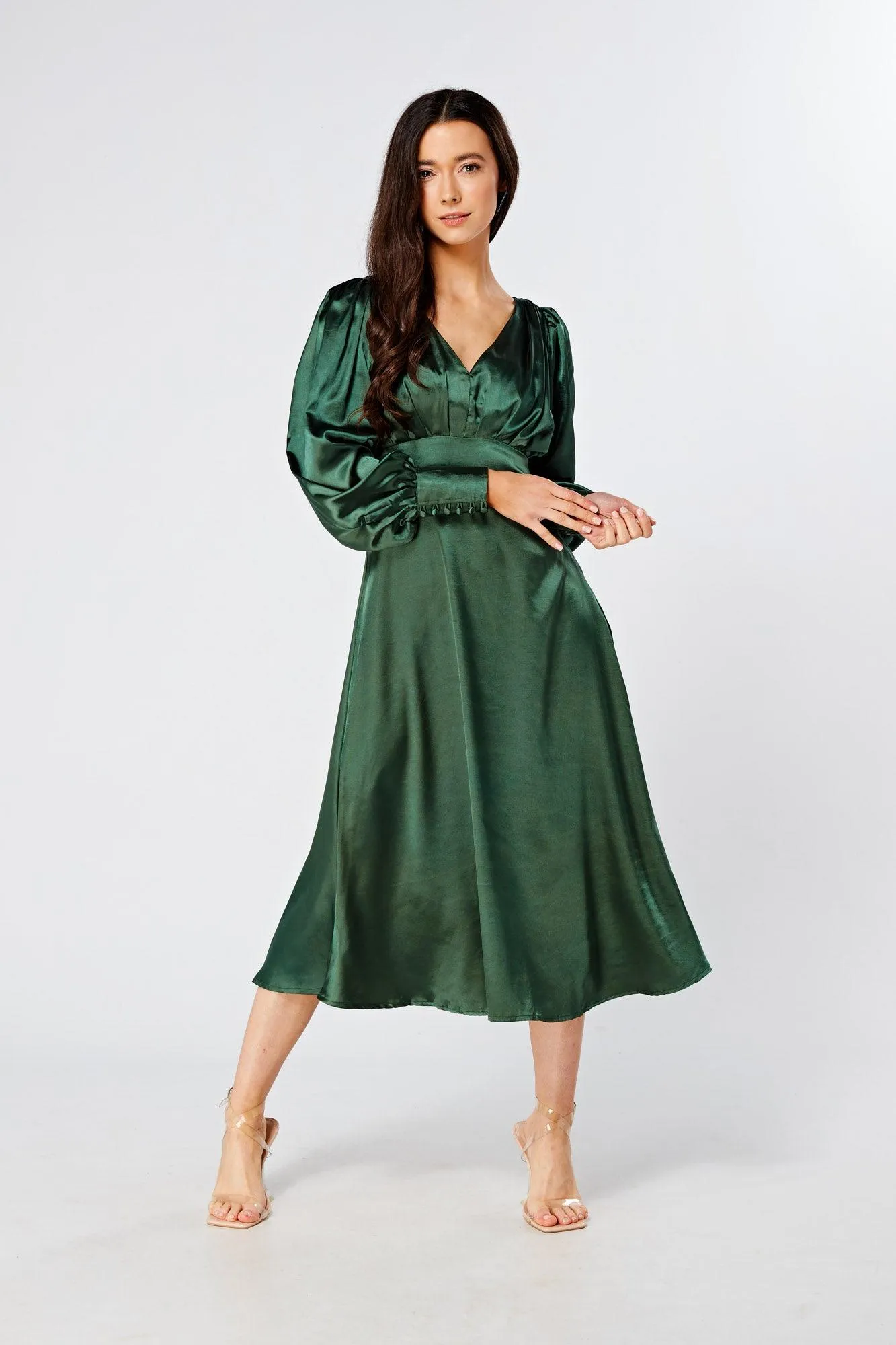 Kiara Jade Green Premium Satin Midi Dress With Long Sleeves