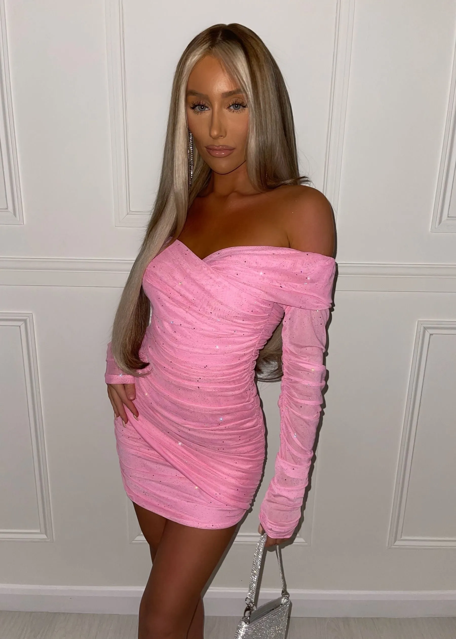 Kylie Sparkle Mesh Mini Dress - Baby Pink Sparkle